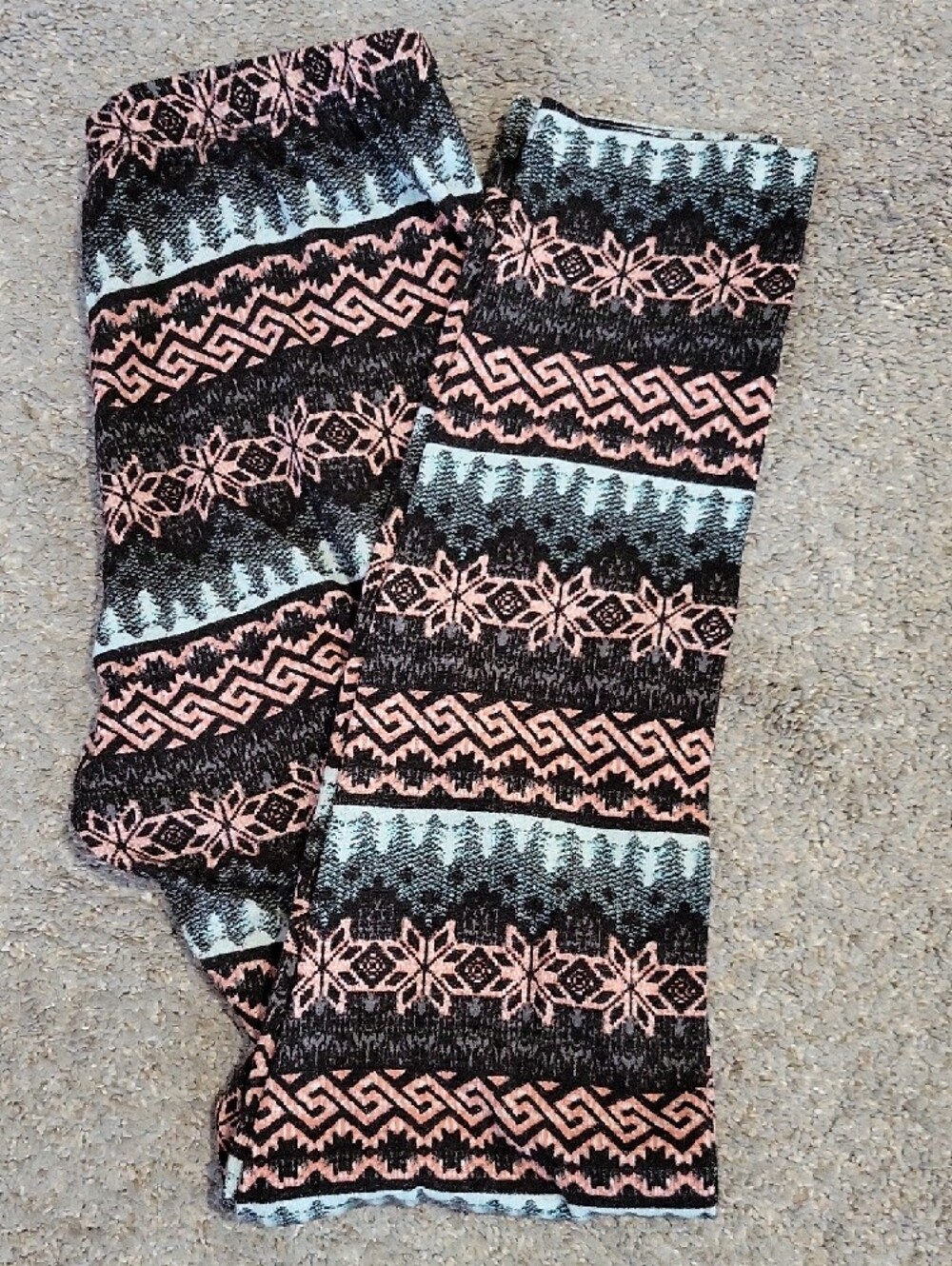 Pink Rose Cozy Fair Isle Pattern Leggings - Black, Pink & Light Blue
